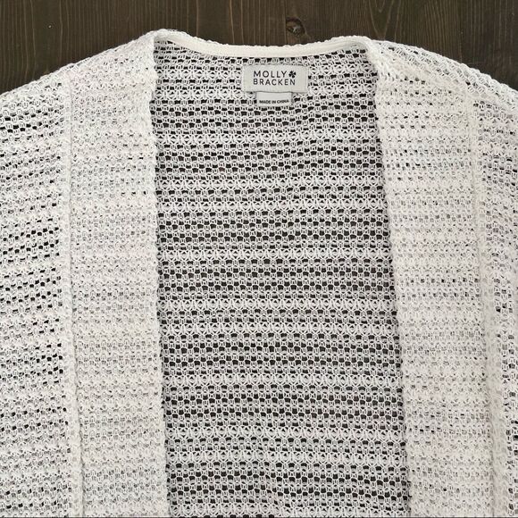 Molly Bracken White Cotton Crochet Fringed 3/4 Sleeve Open Cardigan - Picture 4 of 5